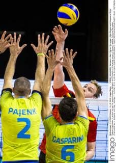 - VARNA, BULGARIA: Belgium s Sam Deroo, Slovenia s Alen Pajenk and Slovenia s Mitja Gasparini pictured in action during the game between Belgium and Slovania in the group stage of Group C at the Volleybal European Championships in Bulgaria and Italy, Sunday 11 October 2015, in Varna, Bulgaria. LAURIExDIEFFEMBACQ  x04718458x