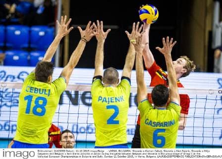 - VARNA, BULGARIA: Slovenia s Klemen Cebulj, Slovenia s Alen Pajenk, Slovenia s Mitja Gasparini and Belgium s Sam Deroo pictured in action during the game between Belgium and Slovania in the group stage of Group C at the Volleybal European Championships in Bulgaria and Italy, Sunday 11 October 2015, in Varna, Bulgaria. LAURIExDIEFFEMBACQ  x04718459x