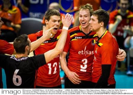 - VARNA, BULGARIA: Belgium s Stijn Dejonckheere, Belgium s Gert Van Walle, Belgium s Sam Deroo and Belgium s Bram Van Den Dries celebrate during the game between Belgium and Slovania in the group stage of Group C at the Volleybal European Championships in Bulgaria and Italy, Sunday 11 October 2015, in Varna, Bulgaria. LAURIExDIEFFEMBACQ  x04718464x