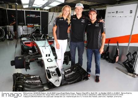 Russian Grand Prix, Sochi 08 - 11 October 2015 11.10.2015 - Darya Klishina (RUS) Long Jump Athlete with Sergio Perez (MEX) Sahara Force India F1 VJM08 and Nico Hulkenberg (GER) Sahara Force India F1 VJM08 
