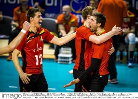 - VARNA, BULGARIA: Belgium s Gert Van Walle, Belgium s Sam Deroo and Belgium s Bram Van Den Dries celebrate during the game between Belgium and Slovania in the group stage of Group C at the Volleybal European Championships in Bulgaria and Italy, Sunday 11 October 2015, in Varna, Bulgaria. LAURIExDIEFFEMBACQ  x04718465x