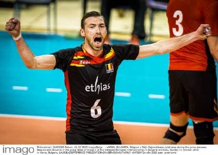 - VARNA, BULGARIA: Belgium s Stijn Dejonckheere celebrates during the game between Belgium and Slovania in the group stage of Group C at the Volleybal European Championships in Bulgaria and Italy, Sunday 11 October 2015, in Varna, Bulgaria. LAURIExDIEFFEMBACQ  x04718471x