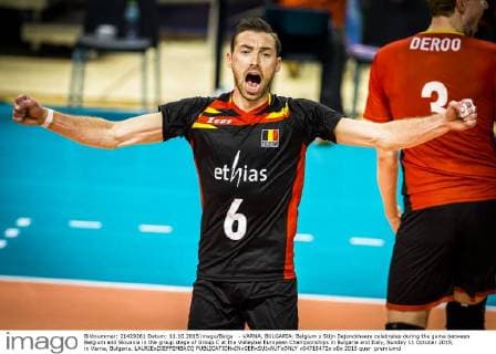 - VARNA, BULGARIA: Belgium s Stijn Dejonckheere celebrates during the game between Belgium and Slovania in the group stage of Group C at the Volleybal European Championships in Bulgaria and Italy, Sunday 11 October 2015, in Varna, Bulgaria. LAURIExDIEFFEMBACQ  x04718472x