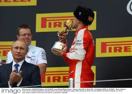 Russian Grand Prix, Sochi 08 - 11 October 2015 11.10.2015 - Race, Vladimir Putin (RUS) Russian Federation President and 2nd position Sebastian Vettel (GER) Scuderia Ferrari SF15-T 
