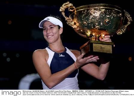 BEIJING, CHINA - OCTOBER 11: (CHINA OUT) Garbine Muguruza of Spain poses with her trophy during the medal ceremony after the Women s Single Final match against Timea Bacsinszky of Switzerland on day 9 of the 2015 China Open at the China National Tennis Centre on October 11, 2015 in Beijing, China.  CFP66018642 