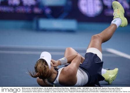 BEIJING, CHINA - OCTOBER 11: (CHINA OUT) Garbine Muguruza of Spain in action during a match against Timea Bacsinszky of Switzerland during the Women s Single Final match on day 9 of the 2015 China Open at the China National Tennis Centre on October 11, 2015 in Beijing, China.  CFP66018645 