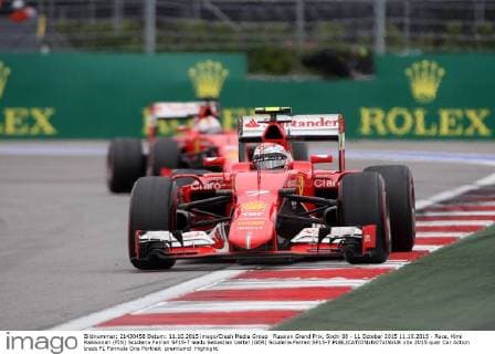 Russian Grand Prix, Sochi 08 - 11 October 2015 11.10.2015 - Race, Kimi Raikkonen (FIN) Scuderia Ferrari SF15-T leads Sebastian Vettel (GER) Scuderia Ferrari SF15-T 