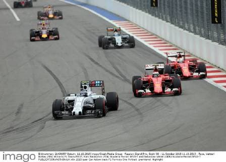 Russian Grand Prix, Sochi 08 - 11 October 2015 11.10.2015 - Race, Valtteri Bottas (FIN) Williams F1 Team FW37, Kimi Raikkonen (FIN) Scuderia Ferrari SF15-T and Sebastian Vettel (GER) Scuderia Ferrari SF15-T 