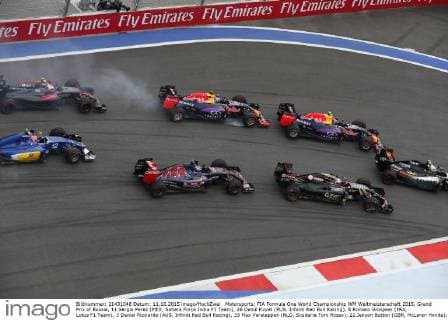 Motorsports: FIA Formula One World Championship WM Weltmeisterschaft 2015, Grand Prix of Russia, 11 Sergio Perez (MEX, Sahara Force India F1 Team), 26 Daniil Kvyat (RUS, Infiniti Red Bull Racing), 8 Romain Grosjean (FRA, Lotus F1 Team), 3 Daniel Ricciardo (AUS, Infiniti Red Bull Racing), 33 Max Verstappen (NLD, Scuderia Toro Rosso), 22 Jenson Button (GBR, McLaren Honda), 12 Felipe Nasr (BRA, Sauber F1 Team), xHOCHxZWEIx