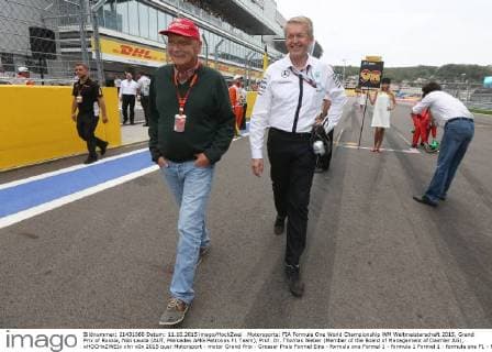 Motorsports: FIA Formula One World Championship WM Weltmeisterschaft 2015, Grand Prix of Russia, Niki Lauda (AUT, Mercedes AMG Petronas F1 Team), Prof. Dr. Thomas Weber (Member of the Board of Management of Daimler AG), xHOCHxZWEIx