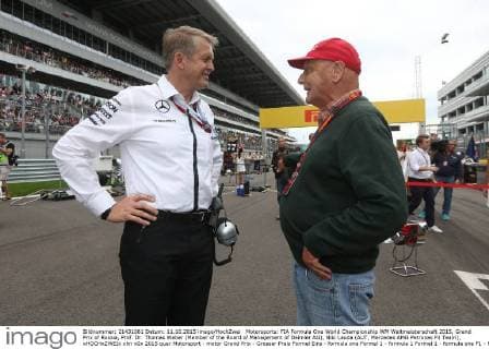 Motorsports: FIA Formula One World Championship WM Weltmeisterschaft 2015, Grand Prix of Russia, Prof. Dr. Thomas Weber (Member of the Board of Management of Daimler AG), Niki Lauda (AUT, Mercedes AMG Petronas F1 Team), xHOCHxZWEIx
