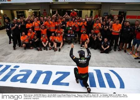 Russian Grand Prix, Sochi 08 - 11 October 2015 11.10.2015 - Race, Celebration, 3rd position Sergio Perez (MEX) Sahara Force India F1 VJM08 