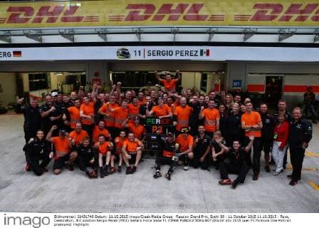 Russian Grand Prix, Sochi 08 - 11 October 2015 11.10.2015 - Race, Celebration, 3rd position Sergio Perez (MEX) Sahara Force India F1 VJM08 