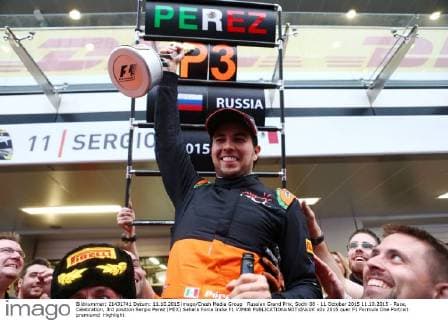 Russian Grand Prix, Sochi 08 - 11 October 2015 11.10.2015 - Race, Celebration, 3rd position Sergio Perez (MEX) Sahara Force India F1 VJM08 