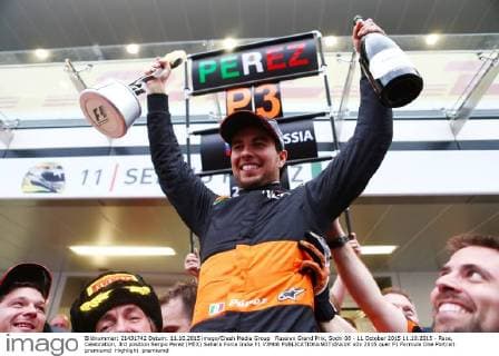 Russian Grand Prix, Sochi 08 - 11 October 2015 11.10.2015 - Race, Celebration, 3rd position Sergio Perez (MEX) Sahara Force India F1 VJM08 