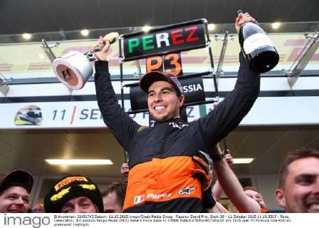 Russian Grand Prix, Sochi 08 - 11 October 2015 11.10.2015 - Race, Celebration, 3rd position Sergio Perez (MEX) Sahara Force India F1 VJM08 