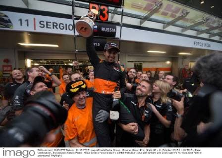Russian Grand Prix, Sochi 08 - 11 October 2015 11.10.2015 - Race, Celebration, 3rd position Sergio Perez (MEX) Sahara Force India F1 VJM08 