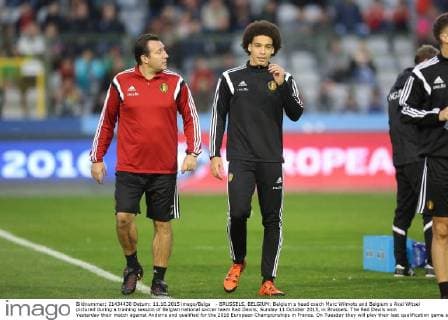 - BRUSSELS, BELGIUM: Belgium s head coach Marc Wilmots and Belgium s Axel Witsel pictured during a training session of Belgian national soccer team Red Devils, Sunday 11 October 2015, in Brussels. The Red Devils won Yesterday their match against Andorra and qualified for the 2016 European Championships in France. On Tuesday they will play their last qualification game against Israel. BRUNOxFAHY  x04718998x