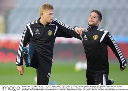 - BRUSSELS, BELGIUM: Belgium s Kevin De Bruyne and Belgium s Dries Mertens pictured during a training session of Belgian national soccer team Red Devils, Sunday 11 October 2015, in Brussels. The Red Devils won Yesterday their match against Andorra and qualified for the 2016 European Championships in France. On Tuesday they will play their last qualification game against Israel. BRUNOxFAHY  x04718988x