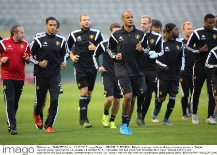 - BRUSSELS, BELGIUM: Belgium s players pictured during a training session of Belgian national soccer team Red Devils, Sunday 11 October 2015, in Brussels. The Red Devils won Yesterday their match against Andorra and qualified for the 2016 European Championships in France. On Tuesday they will play their last qualification game against Israel. BRUNOxFAHY  x04718965x