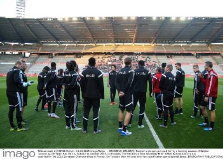 - BRUSSELS, BELGIUM: Belgium s players pictured during a training session of Belgian national soccer team Red Devils, Sunday 11 October 2015, in Brussels. The Red Devils won Yesterday their match against Andorra and qualified for the 2016 European Championships in France. On Tuesday they will play their last qualification game against Israel. BRUNOxFAHY  x04718823x