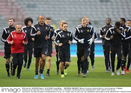 - BRUSSELS, BELGIUM: Belgium s players pictured during a training session of Belgian national soccer team Red Devils, Sunday 11 October 2015, in Brussels. The Red Devils won Yesterday their match against Andorra and qualified for the 2016 European Championships in France. On Tuesday they will play their last qualification game against Israel. BRUNOxFAHY  x04718962x