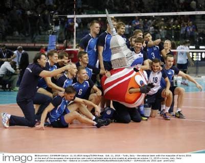 Oct. 11, 2015 - Turin, Italy - the estonia team with the mascotte of torino 2015 at the end of the european championships man match between estonia and croatia at palavela on october 11, 2015 in torino, italy. Italy: European Championships Man - Estonia vs Croatia  - ZUMAn230