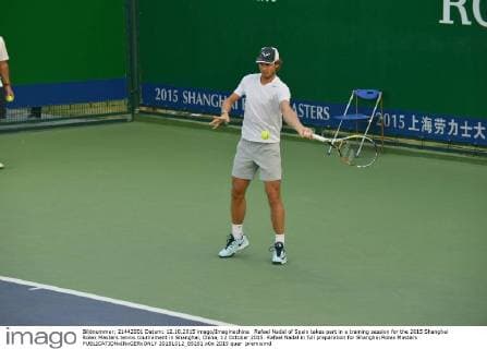 Rafael Nadal of Spain takes part in a training session for the 2015 Shanghai Rolex Masters tennis tournament in Shanghai, China, 12 October 2015. Rafael Nadal in full preparation for Shanghai Rolex Masters  20151012_65281