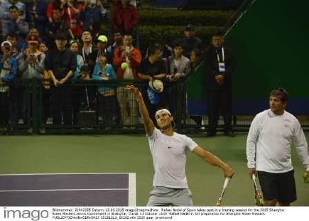 Rafael Nadal of Spain takes part in a training session for the 2015 Shanghai Rolex Masters tennis tournament in Shanghai, China, 12 October 2015. Rafael Nadal in full preparation for Shanghai Rolex Masters  20151012_65282