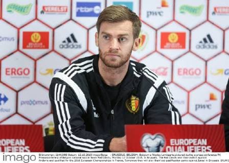 - BRUSSELS, BELGIUM: Belgium s Nicolas Lombaerts pictured during a press conference PK Pressekonferenz of Belgian national soccer team Red Devils, Monday 12 October 2015, in Brussels. The Red Devils won their match against Andorra and qualified for the 2016 European Championships in France. Tomorrow they will play their last qualification game against Israel in Brussels. BRUNOxFAHY  x04719164x