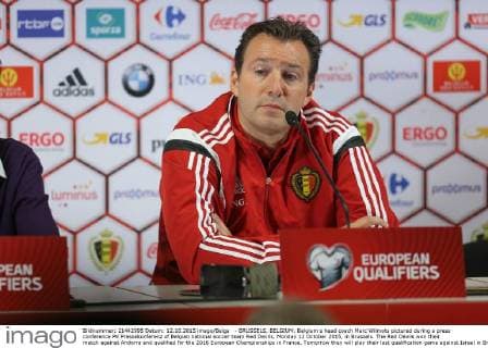 - BRUSSELS, BELGIUM: Belgium s head coach Marc Wilmots pictured during a press conference PK Pressekonferenz of Belgian national soccer team Red Devils, Monday 12 October 2015, in Brussels. The Red Devils won their match against Andorra and qualified for the 2016 European Championships in France. Tomorrow they will play their last qualification game against Israel in Brussels. BRUNOxFAHY  x04719175x