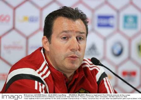- BRUSSELS, BELGIUM: Belgium s head coach Marc Wilmots pictured during a press conference PK Pressekonferenz of Belgian national soccer team Red Devils, Monday 12 October 2015, in Brussels. The Red Devils won their match against Andorra and qualified for the 2016 European Championships in France. Tomorrow they will play their last qualification game against Israel in Brussels. BRUNOxFAHY  x04719172x