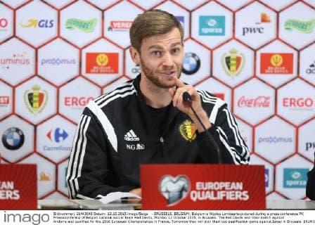 - BRUSSELS, BELGIUM: Belgium s Nicolas Lombaerts pictured during a press conference PK Pressekonferenz of Belgian national soccer team Red Devils, Monday 12 October 2015, in Brussels. The Red Devils won their match against Andorra and qualified for the 2016 European Championships in France. Tomorrow they will play their last qualification game against Israel in Brussels. BRUNOxFAHY  x04719181x