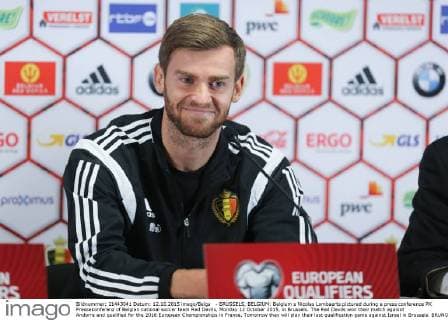 - BRUSSELS, BELGIUM: Belgium s Nicolas Lombaerts pictured during a press conference PK Pressekonferenz of Belgian national soccer team Red Devils, Monday 12 October 2015, in Brussels. The Red Devils won their match against Andorra and qualified for the 2016 European Championships in France. Tomorrow they will play their last qualification game against Israel in Brussels. BRUNOxFAHY  x04719194x