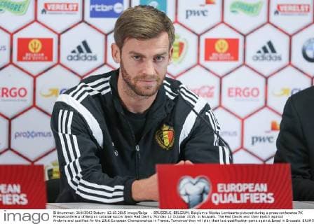 - BRUSSELS, BELGIUM: Belgium s Nicolas Lombaerts pictured during a press conference PK Pressekonferenz of Belgian national soccer team Red Devils, Monday 12 October 2015, in Brussels. The Red Devils won their match against Andorra and qualified for the 2016 European Championships in France. Tomorrow they will play their last qualification game against Israel in Brussels. BRUNOxFAHY  x04719197x