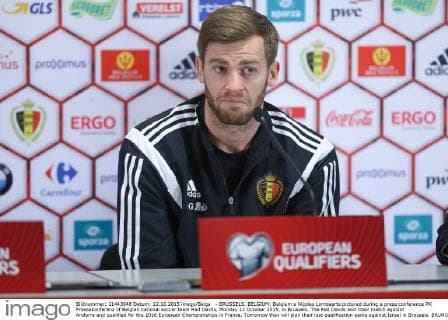 - BRUSSELS, BELGIUM: Belgium s Nicolas Lombaerts pictured during a press conference PK Pressekonferenz of Belgian national soccer team Red Devils, Monday 12 October 2015, in Brussels. The Red Devils won their match against Andorra and qualified for the 2016 European Championships in France. Tomorrow they will play their last qualification game against Israel in Brussels. BRUNOxFAHY  x04719184x