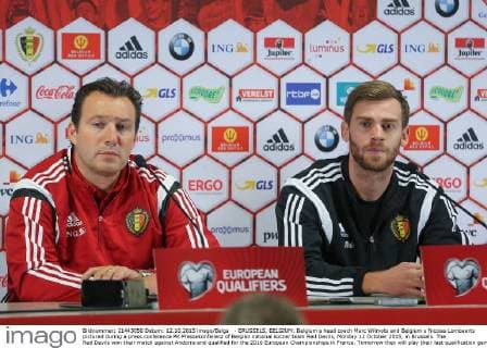 - BRUSSELS, BELGIUM: Belgium s head coach Marc Wilmots and Belgium s Nicolas Lombaerts pictured during a press conference PK Pressekonferenz of Belgian national soccer team Red Devils, Monday 12 October 2015, in Brussels. The Red Devils won their match against Andorra and qualified for the 2016 European Championships in France. Tomorrow they will play their last qualification game against Israel in Brussels. BRUNOxFAHY  x04719189x
