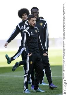 Lukaku Romelu forward of Belgium laughing with Hazard Eden FOOTBALL : Entrainement Equipe Belgique - Bruxelles - 12 10 2015 PhotoNews Panoramic 