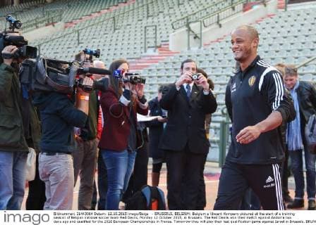- BRUSSELS, BELGIUM: Belgium s Vincent Kompany pictured at the start of a training session of Belgian national soccer team Red Devils, Monday 12 October 2015, in Brussels. The Red Devils won their match against Andorra two days ago and qualified for the 2016 European Championships in France. Tomorrow they will play their last qualification game against Israel in Brussels. BRUNOxFAHY  x04719207x
