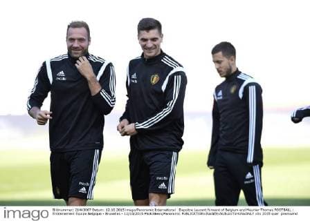 Depoitre Laurent forward of Belgium and Meunier Thomas FOOTBALL : Entrainement Equipe Belgique - Bruxelles - 12 10 2015 PhotoNews Panoramic 