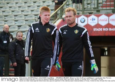 - BRUSSELS, BELGIUM: Belgium s Kevin De Bruyne and Belgium s goalkeeper Jean-Francois Gillet pictured at the start of a training session of Belgian national soccer team Red Devils, Monday 12 October 2015, in Brussels. The Red Devils won their match against Andorra two days ago and qualified for the 2016 European Championships in France. Tomorrow they will play their last qualification game against Israel in Brussels. BRUNOxFAHY  x04719202x