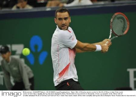 Marin Cilic of Croatia returns a shot to Wu Di of China in their first round match of the men s singles during the 2015 Shanghai Rolex Masters tennis tournament in Shanghai, China, 12 October 2015. Marin Cilic of Croatia defeated Wu Di of China 2-1(4-6 6-3 7-6) in their first round match of the men s singles during the 2015 Shanghai Rolex Masters tennis tournament in Shanghai, China, 12 October 2015. Marin Cilic kicks out Wu Di at Shanghai Rolex Masters  pbu344165_07