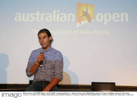 Spanish tennis star Rafael Nadal speaks during a breakfast meeting in Shanghai, China, 13 October 2015. Rafael Nadal glams up breakfast meeting in Shanghai  20151013_48628