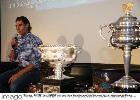 Spanish tennis star Rafael Nadal speaks during a breakfast meeting in Shanghai, China, 13 October 2015. Rafael Nadal glams up breakfast meeting in Shanghai  20151013_62211