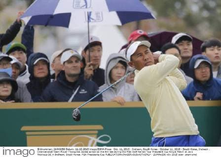 Oct. 11, 2015 - Incheon, South Korea - October 11, 2015 - South Korea, Incheon : International Team Player Thongchai Jaidee action on the 4th tee during the PGA Golf Herren Tour President Cup Single Match at Jack Nicklaus GC in Incheon, South Korea. PGA Presidents Cup  - ZUMAn230