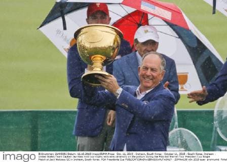 Oct. 11, 2015 - Incheon, South Korea - October 11, 2015 - South Korea, Incheon : United States Team Captain Jay Haas hold cup trophy with wins ceremony on the podium during the PGA Golf Herren Tour President Cup Single Match at Jack Nicklaus GC in Incheon, South Korea. PGA Presidents Cup  - ZUMAn230