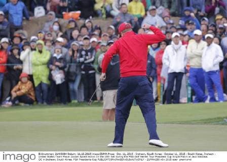Oct. 11, 2015 - Incheon, South Korea - October 11, 2015 - South Korea, Incheon : United States Team Player Jordan Spieth action on the 18th hall during the PGA Golf Herren Tour President Cup Single Match at Jack Nicklaus GC in Incheon, South Korea. PGA Presidents Cup  - ZUMAn230