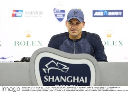 Roger Federer of Switzerland speaks at a press conference PK Pressekonferenz after being defeated by Albert Ramos-Vinolas of Spain in their second round match of the men s singles during the 2015 Shanghai Rolex Masters tennis tournament in Shanghai, China, 13 October 2015. Roger Federer was upset in his opening match at the Shanghai Masters on Tuesday (13 October 2015) by Spanish qualifier Albert Ramos-Vinolas 7-6 (4), 2-6, 6-3. Federer looked rusty from the outset, failing to convert two break points in the opening set and making a flurry of backhand errors to lose the tiebreaker. Ramos-Vinolas then broke the 17-time major winner in the eighth game of the third set with a forehand winner down the line and held the next game to close it out. Federer hasn t played since helping Switzerland win a Davis Cup match the week after falling to Novak Djokovic in the final of the U.S. Open. The last time he and Ramos-Vinolas played at Wimbledon in 2012, the Spaniard only won three games. Federer upset in opening match at Shanghai Masters  20151013_51338