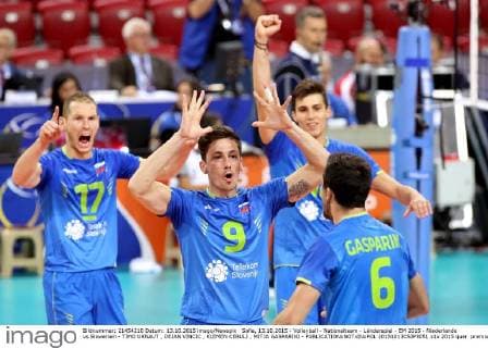 Sofia, 13.10.2015 - Volleyball - Nationalteam - Länderspiel - EM 2015 - Niederlande vs Slowenien - TIMO URNAUT , DEJAN VINCIC , KLEMEN CEBULJ , MITJA GASPARINI -  20151013CSJP3051