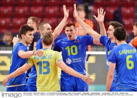 Sofia, 13.10.2015 - Volleyball - Nationalteam - Länderspiel - EM 2015 - Niederlande vs Slowenien - Klemen CEBULJ Tine URNAUT Jan KOZAMERNIK Dejan VINCIC -  20151013LUK053